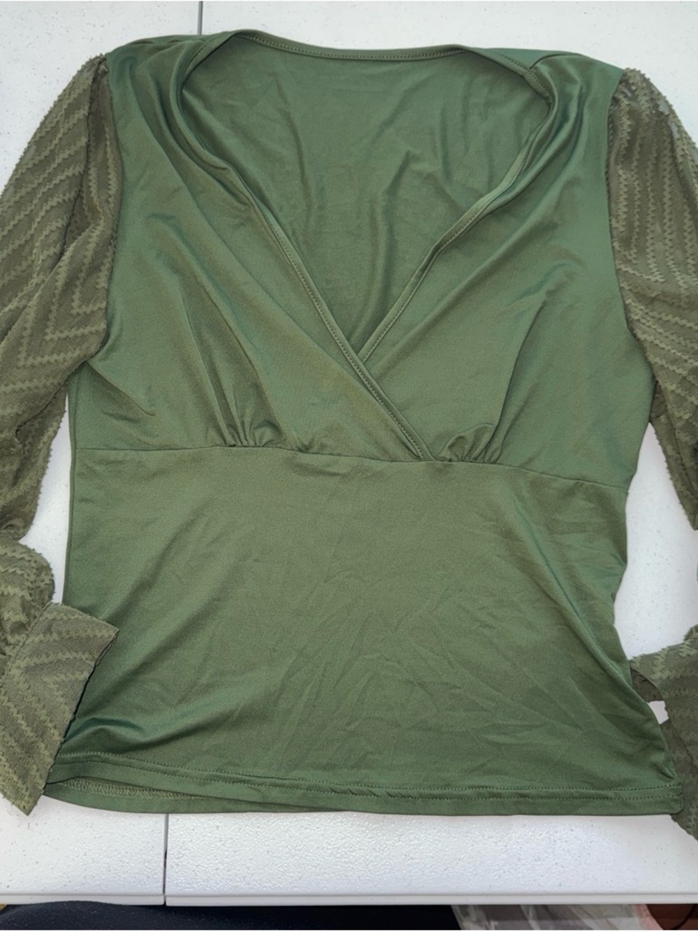 SHEIN Olive Green V‑Neck Wrap Blouse with Textured Sleeves